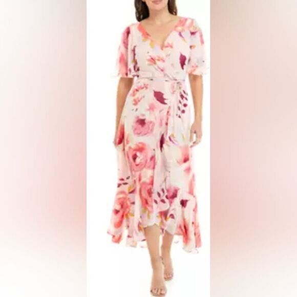Taylor Floral-Print Faux-Wrap Fit & Flare Dress NWT size 4 Pink - Picture 1 of 5